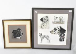 Two contemporary coloured scenes depicting dogs, the larger depicting Dalmations,