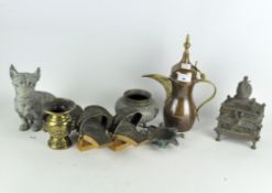 A group of 20th century Oriental-style metalware, to include a pair of sandals, ornate vessels,