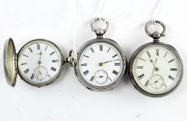 Three silver cased pocket watches, two being open faced with late 19th century hallmarks,