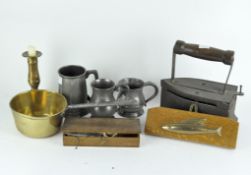 A group of metalware, to include a vintage iron, pewter tankard and mugs,