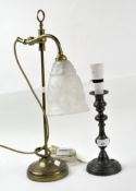 A French brass table lamp and a pewter candlestick lamp stand,