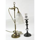 A French brass table lamp and a pewter candlestick lamp stand,