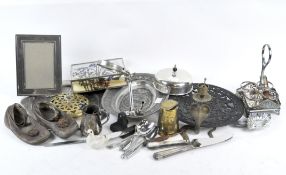 A selection of silver plate and collectables, to include a carved charger, a brass beaker,