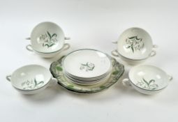 Six Wedgwood of Etruria Broomgrass pattern soup bowls and saucers, and Royal Doulton Countess plates