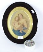 A small 19th century circular pot and a print of Madonna and Child,