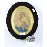 A small 19th century circular pot and a print of Madonna and Child,