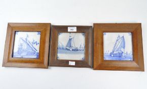 Three blue and white ceramic delft tiles, 19th century, each depicting masted boats at sea,