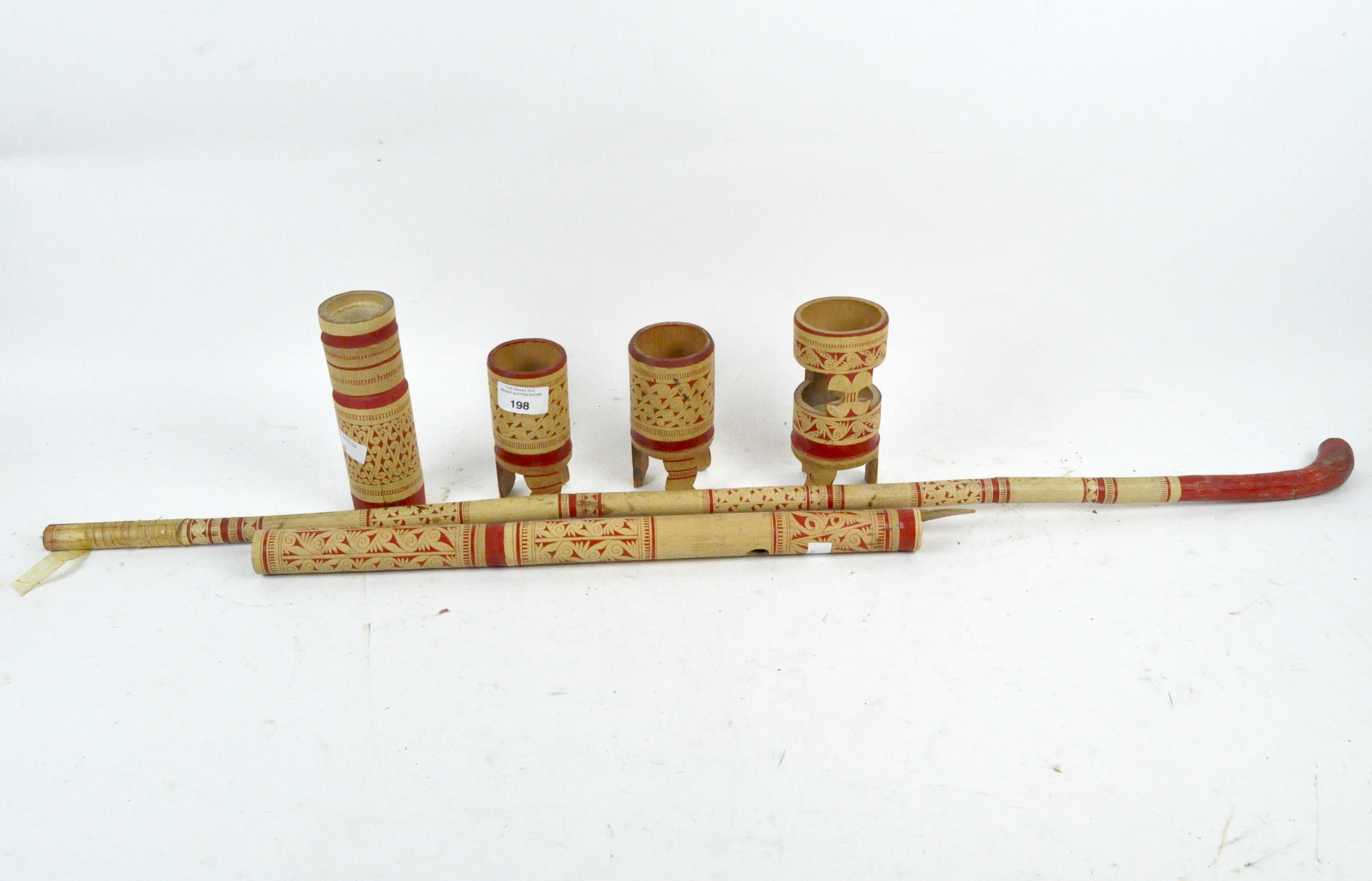 An unusual bamboo pipe, comprised of a number of components,