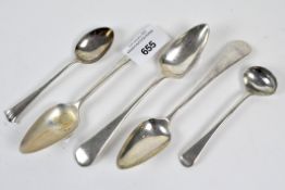 A collection of five silver spoons,
