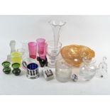 A collection of 20th century and later glassware, including a set of three red beakers,