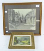 A 20th century oil on board landscape and a pencil sketch,