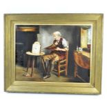 A print on canvas, depicting a a clockmaker, signed,