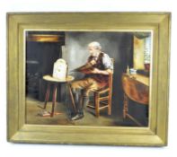 A print on canvas, depicting a a clockmaker, signed,