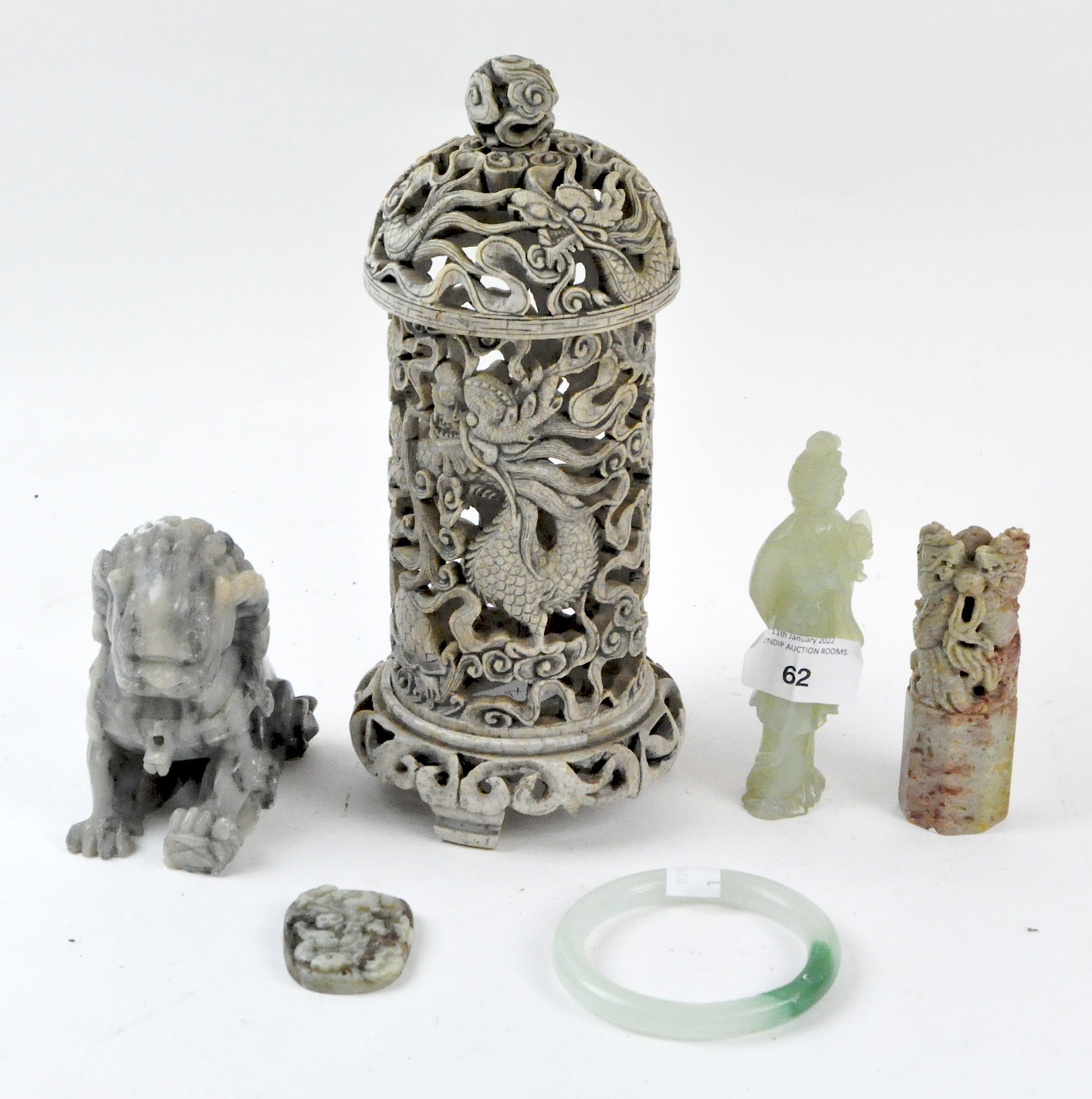 A group of 20th century Chinese stone items, to include a green hardstone bangle
