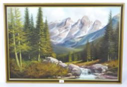 A contemporary oil on canvas, depicting a mountain landscape, signed (lower right) 'De Rosa',