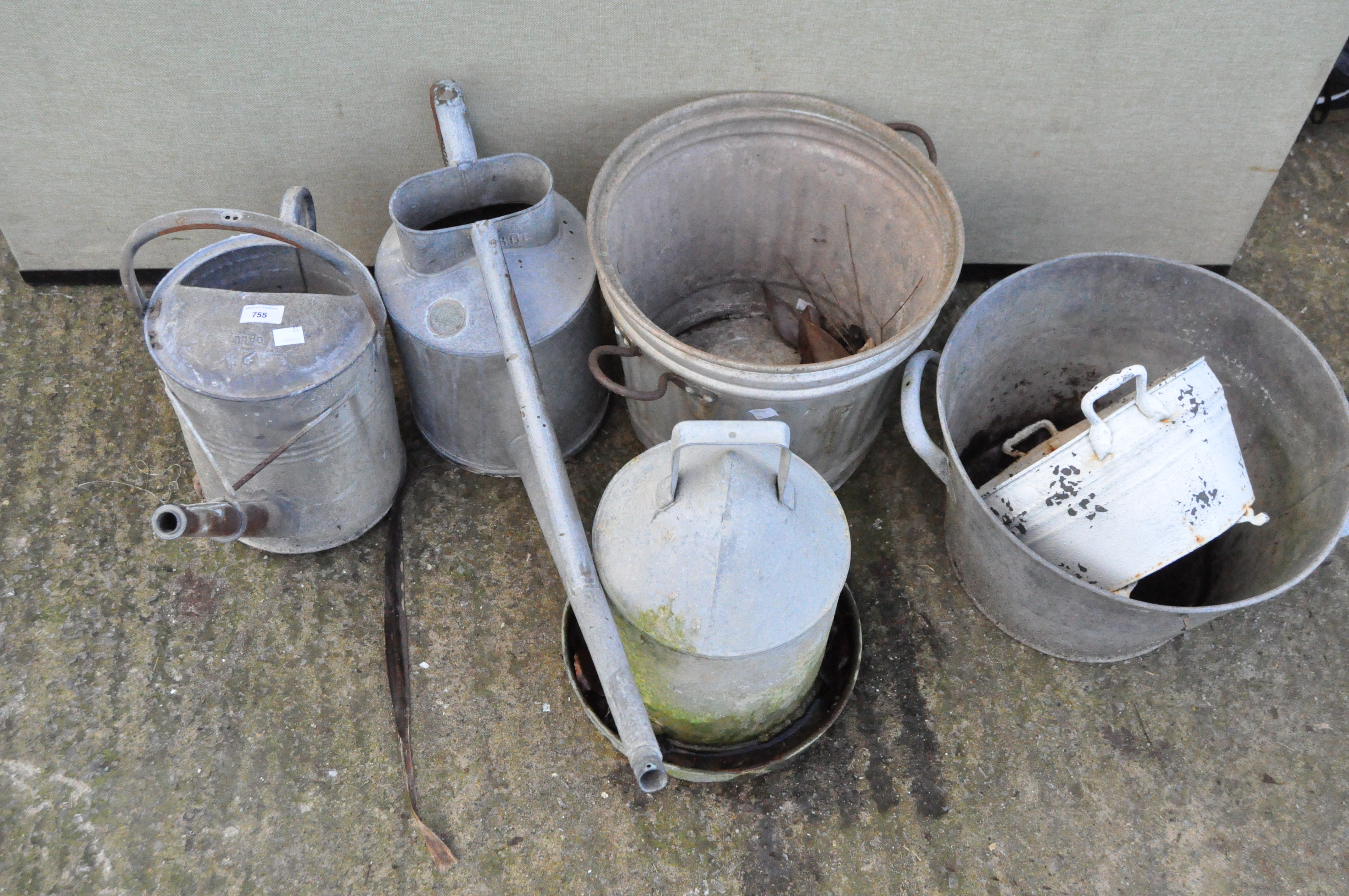 A selection of galvanised and other metal wares,