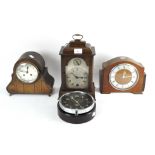 Three 20th century mantle clocks and a circular wall clock,