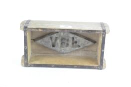 A vintage wooden brick layer's mould, the metal bound case with letters "FBA" to the inside,