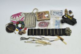 A selection of sewing related items, to include a silver hat pin by Charles Horner, sewing hook,