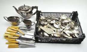 A large selection of silver plated flatware and a Walker and Hall tea set,