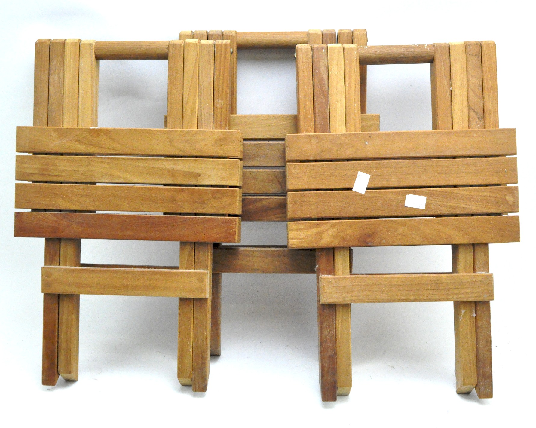 Three small folding wooden picnic tables,