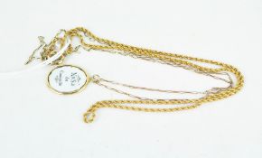 Two 9ct gold chains, one with a oval enamel pendant featuring an image of Christ,