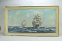 Oil on canvas, signed R.Bunting, depicting two tall ships at sea