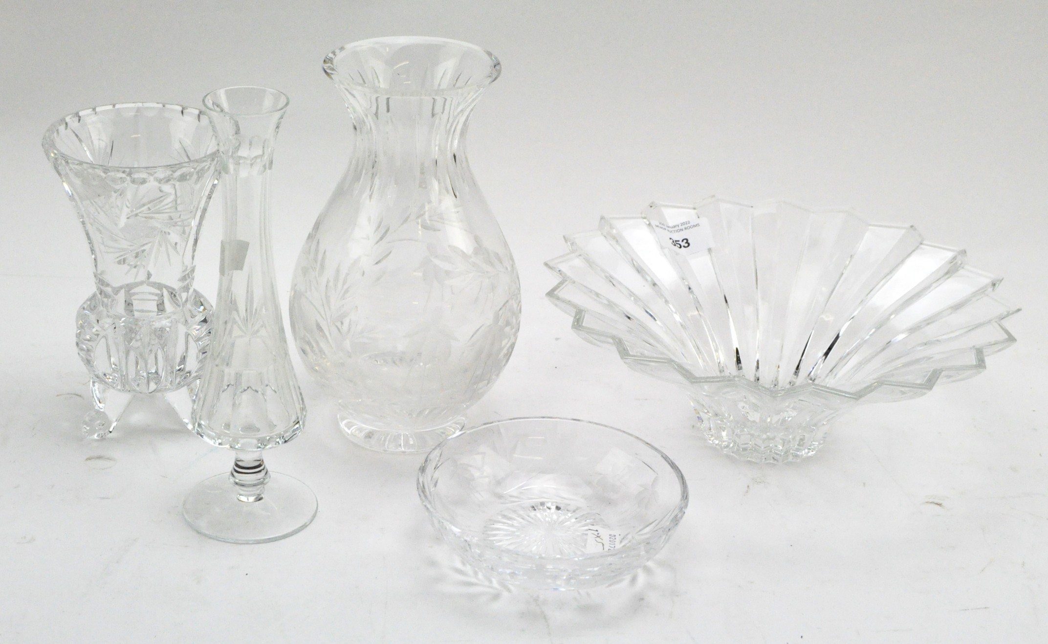 Five pieces of cut and engraved glassware,