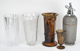Four glass vases and a soda syphon,