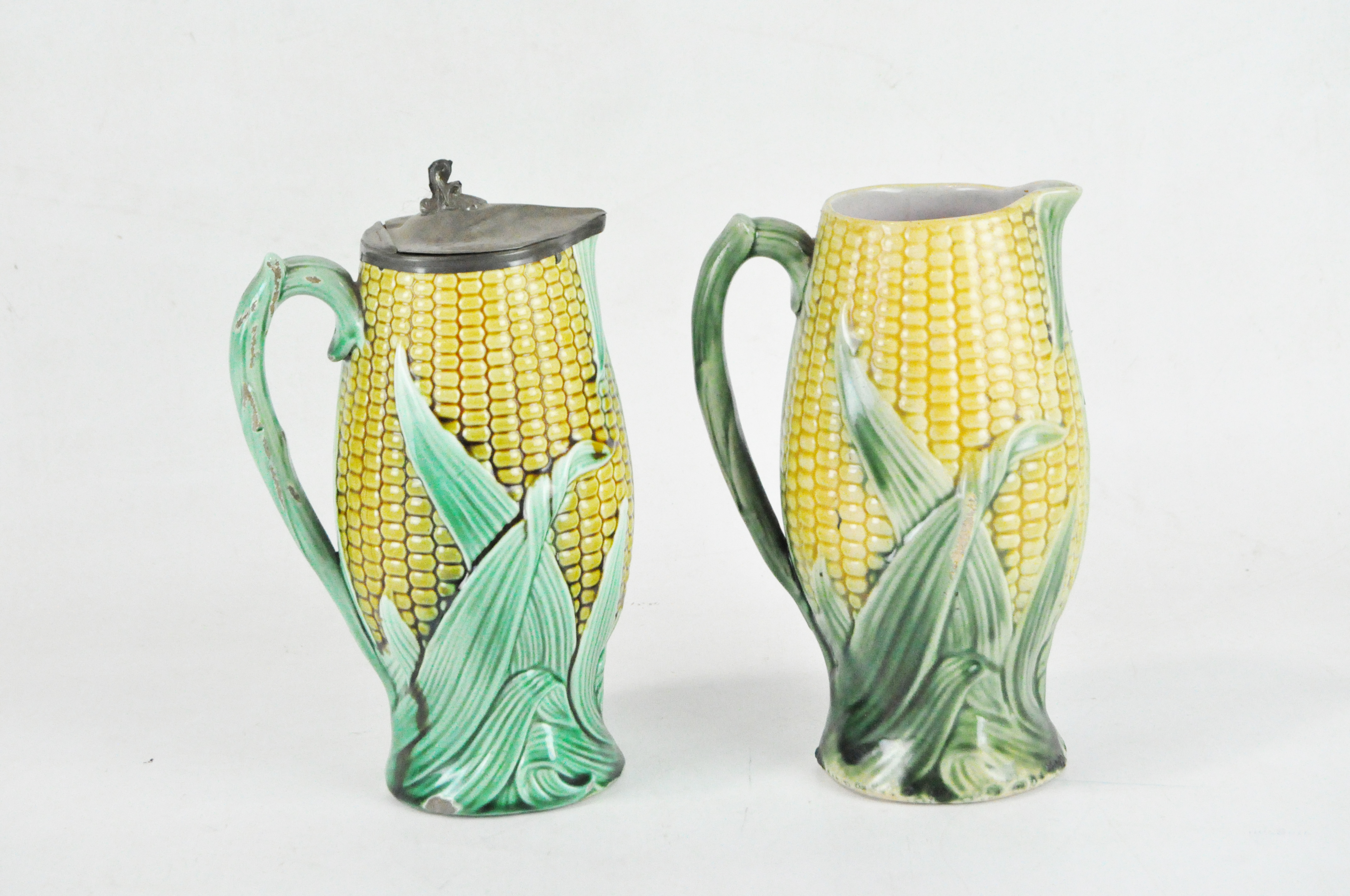 Two English majolica vases in the shape of corn cobs, - Image 2 of 3
