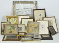 A large collection of decorative framed prints, including several botanical studies,