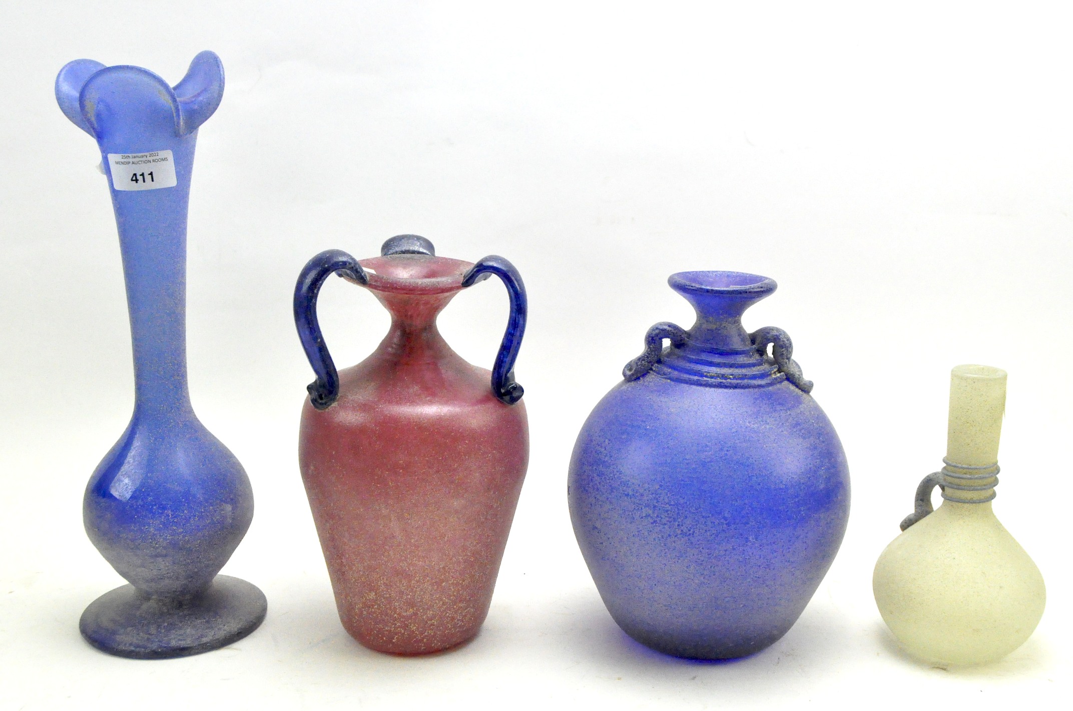 A group of four modern coloured glass vases,