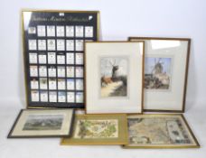 Six pictures and prints, including two watercolours of windmills,