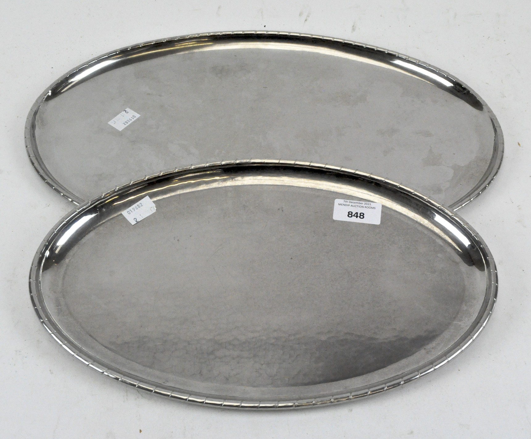 Two vintage oval Keswick School of Art Firth Staybrite serving trays,