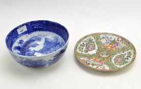 A Cantonese plate and a Staffordshire pottery Jenny Lind pattern bowl,