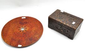 A Chinese tabletop sundial and small camphor wood carved box,