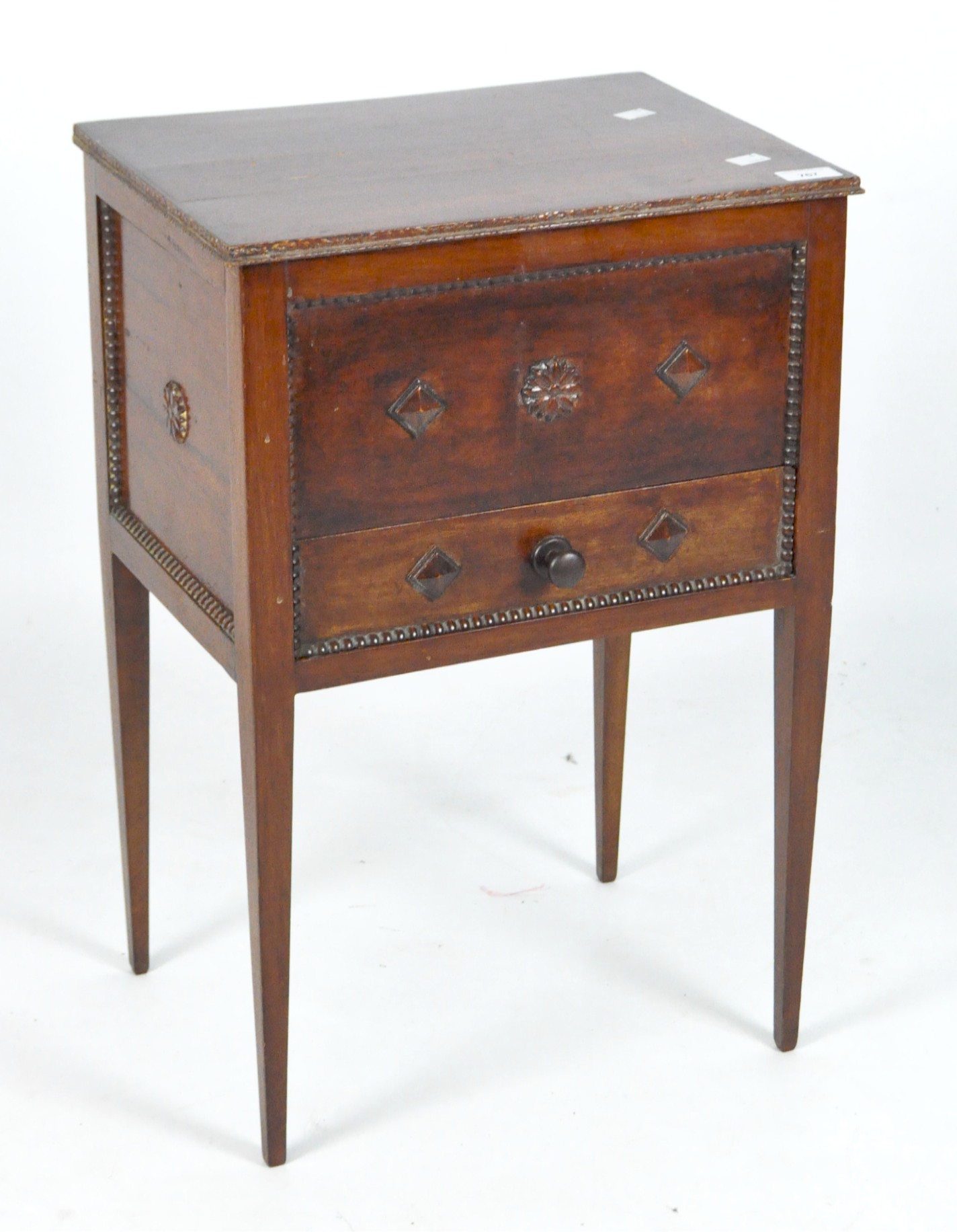 An early 20th century mahogany sewing box on stand,