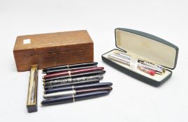 A selection of fountain pens, the majority by Parker and some with 14ct gold nibs,