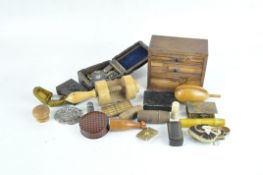 A collection of mixed treen and sewing related collectables, to include a sewing clamp and spinner,