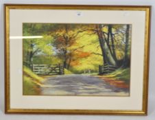 Barry Watkin, a giclee print depicting a country road titled Crowcombe Park Gate,