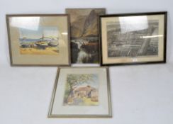 Three framed prints and an oil on board,