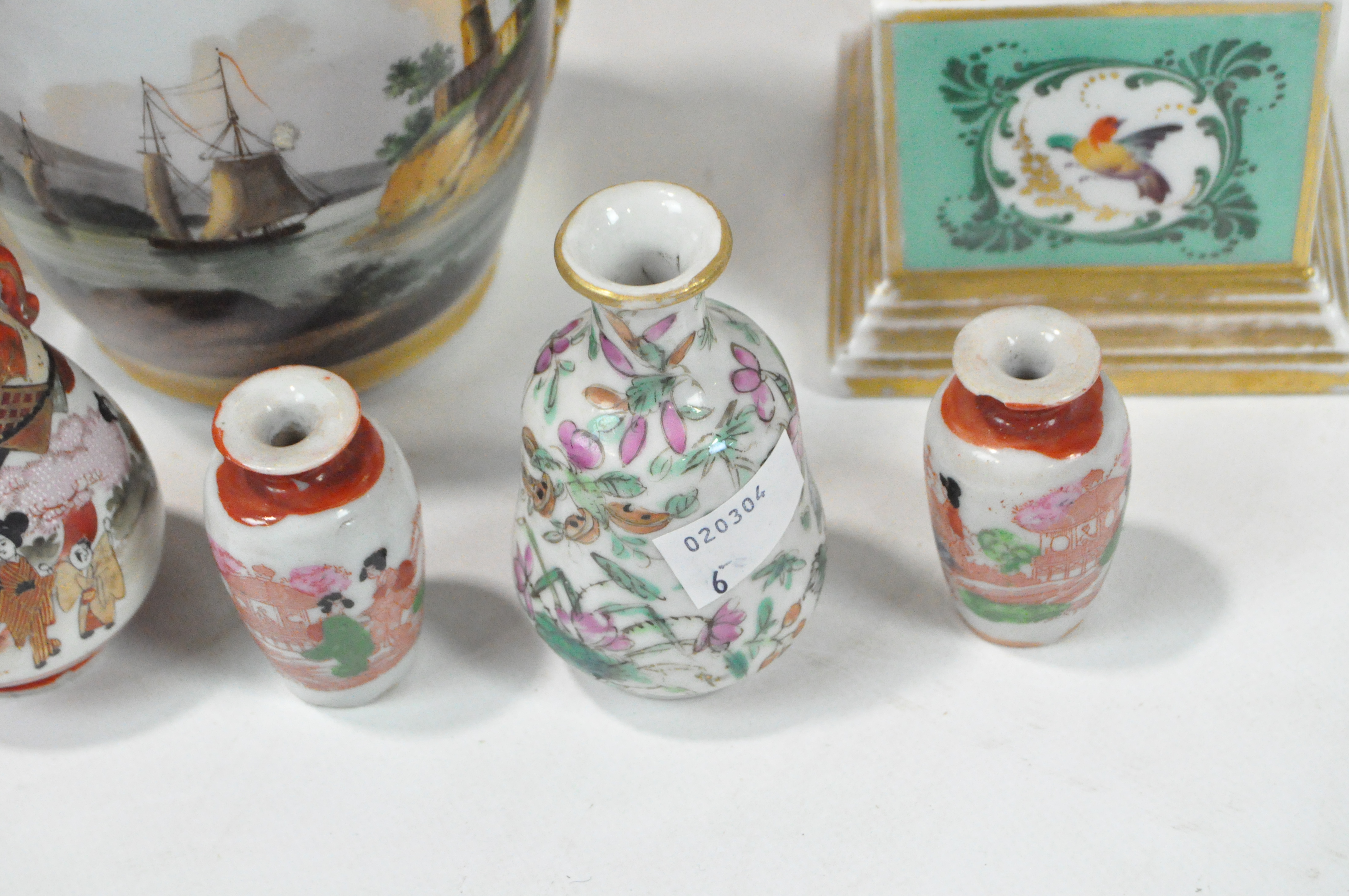 A group of porcelain vases including a gilt two-handled example painted with two landscape scenes, - Image 2 of 3