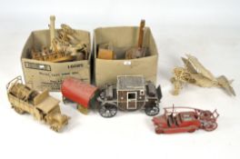 Two boxes containing a selection of vintage scratchbuilt vehicles,