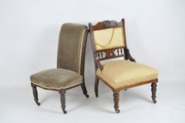 Two early 20th century chairs, both with mahogany frames, one covered in gold fabric,