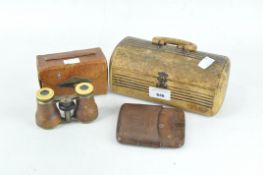 A pair of leather cased opera glasses together with a travel jewellery box