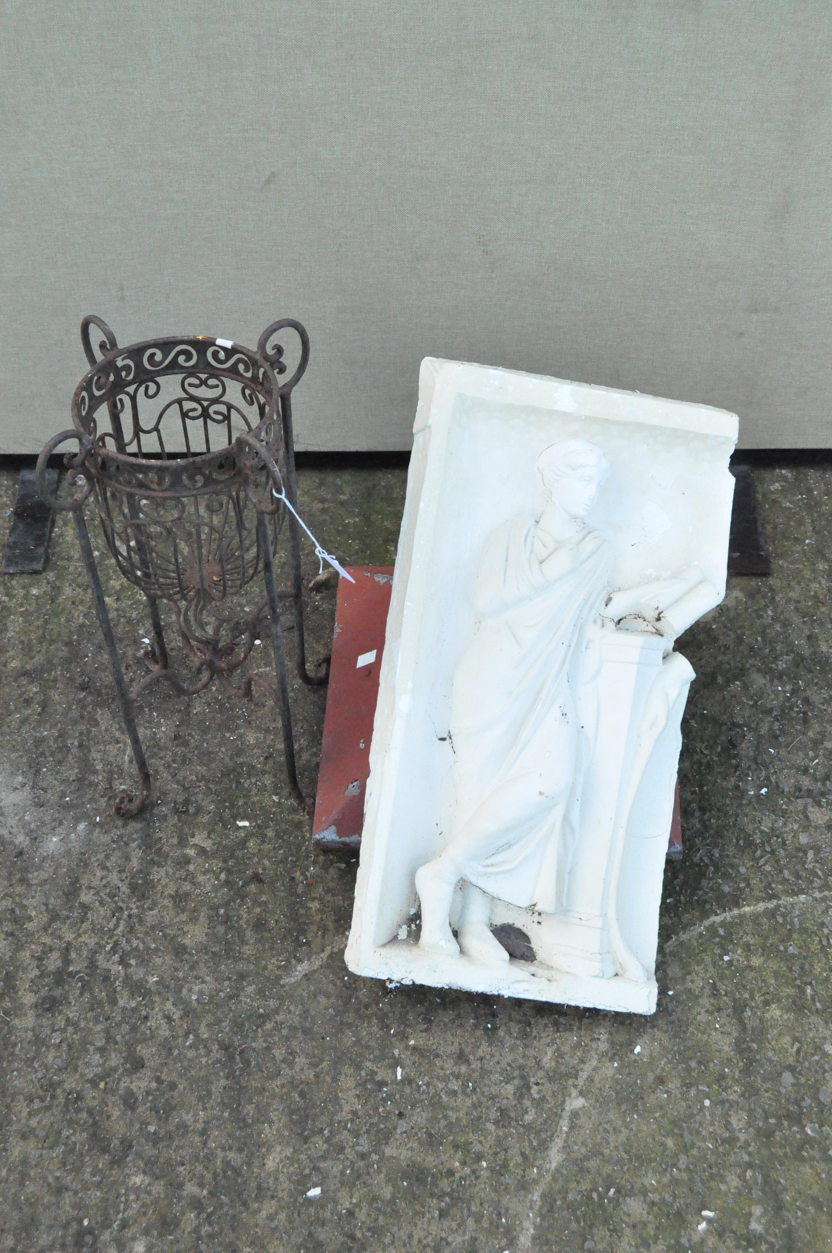 Three garden items including a plant stand, plaque and roof tiles