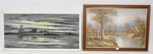 Two contemporary oil on canvases, the first depicting a riverside landscape scene,