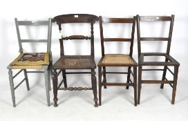 A selection of four dining chairs, two with caned seats, another grey painted,