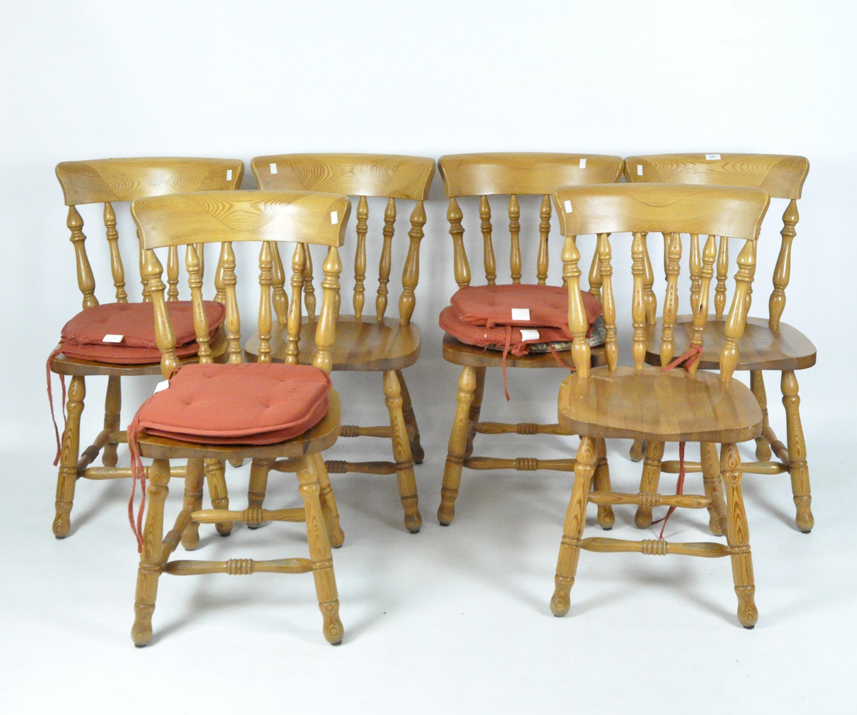 A set of six vintage farmhouse pine chairs,