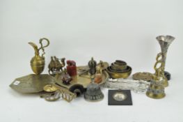 A selection of oriental collectables, including brass chargers, three bells, candlesticks,